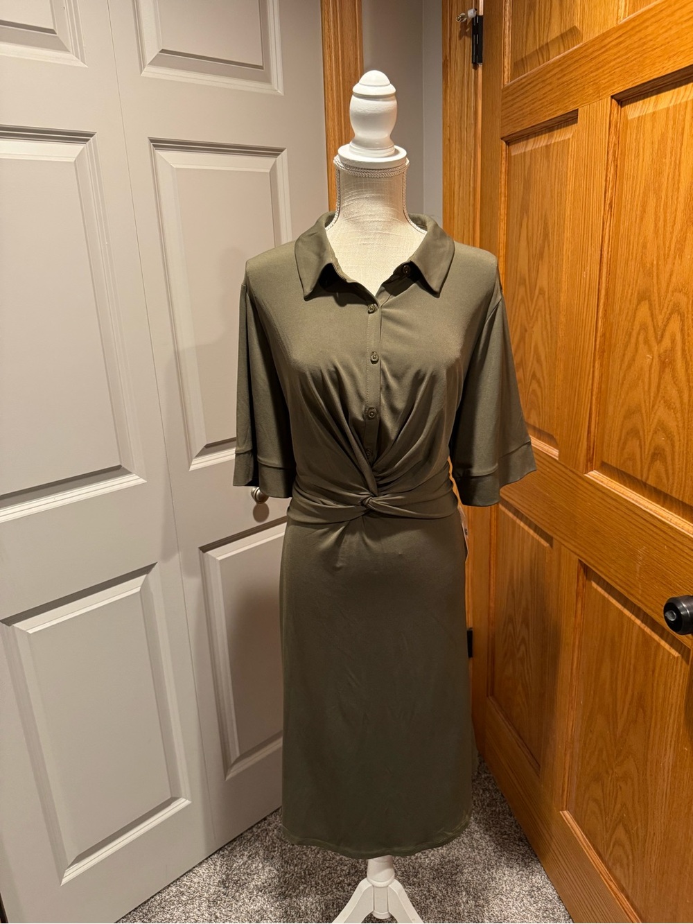Liz Claiborne Olive Green Midi Dress with Twist Front